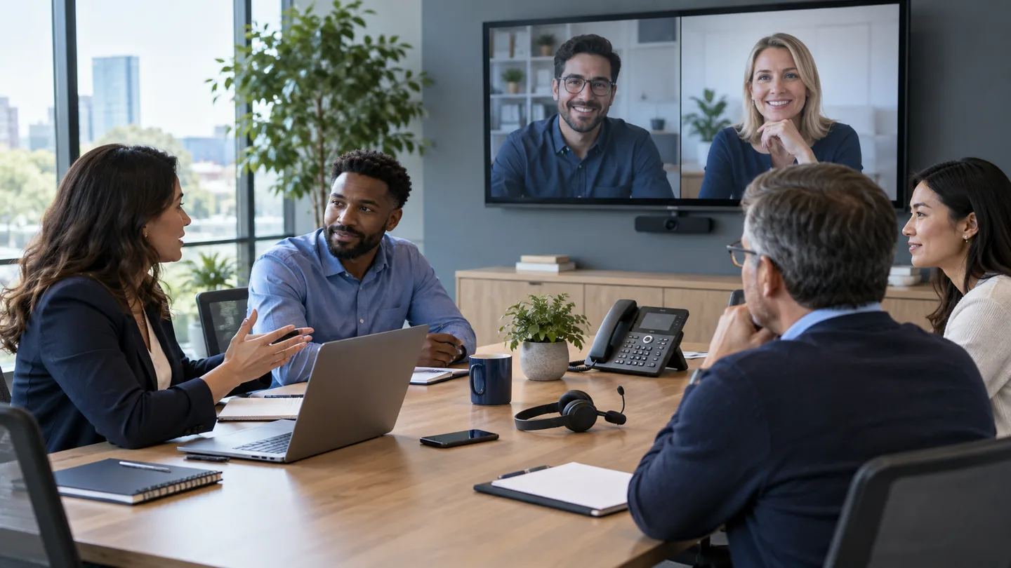 Illustrative hybrid business meeting with remote participants on a display, an IP phone and a headset