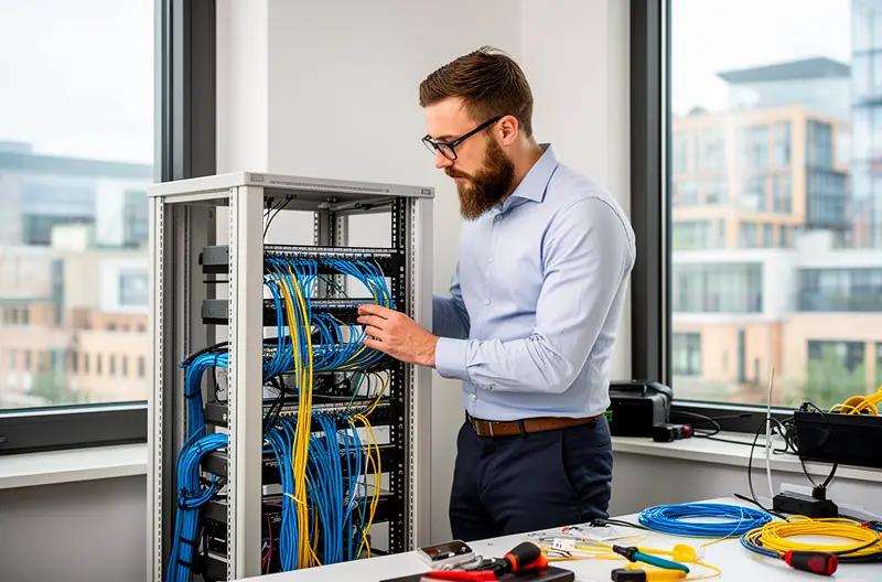 Illustrative technician working on network equipment